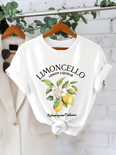 Limoncello Lemon Liqueur Graphic T-Shirt for Women - 100% Cotton Short Sleeve Round Neck Casual Tee with Refreshing Summer Design, Machine Washable White Vacation Shirt, Relaxed Fit Top, Nontransparent Fabric