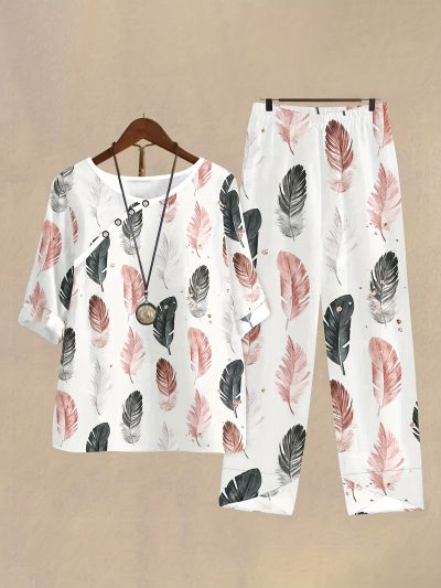 Fashion Pink Leaf Digital Ethnic Style Short Sleeve Long Pants Women's Casual Set