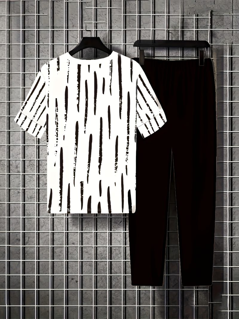 [Polyester Striped Set] Polyester Women's Casual Striped Crew Neck Top and Pants Set, Regular Fit, with Three-Quarter Sleeves, Short Sleeve, with Decorative Buttons for All Seasons - Image 2