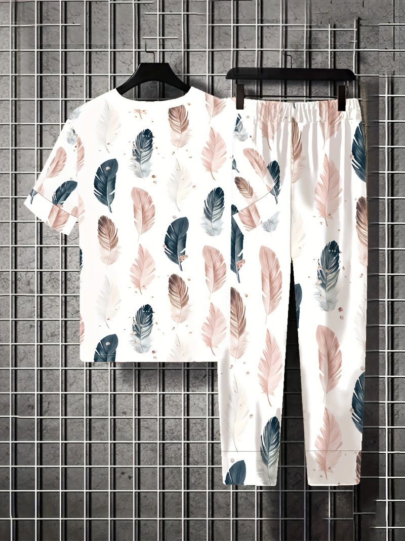 Fashion Pink Leaf Digital Ethnic Style Short Sleeve Long Pants Women's Casual Set - Image 2