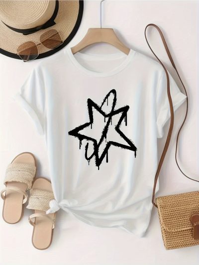 Women's Casual Short Sleeve T-Shirt with Bold Geometric Star Print - White & Black Round Neck Top, Regular Fit Machine Washable for Spring Summer Casual Attire, Ladies T Shirts, Versatile Wardrobe Staple, Modern Graphic Tee, Lightweight Top, Print Blouse, Styleconscious Shoppers