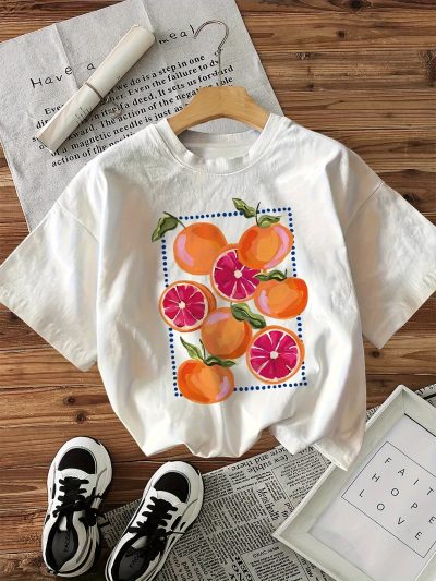 Women'S Tops Watercolor Citrus Slice Print Short Sleeve Crew Neck T-Shirt, Suitable for All Seasons, 100%, Machine Washable