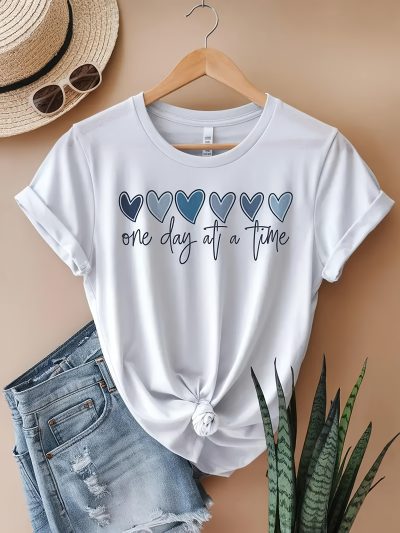 Women's Casual Short Sleeve T-Shirt with Geometric Heart Pattern - Soft Knit Fabric, Regular Fit, All-Season Comfort, Machine Washable, White & Navy Blue, Comfortable Daily Wear | Playful Graphic Tee | Nontransparent Material, Ladies T Shirts
