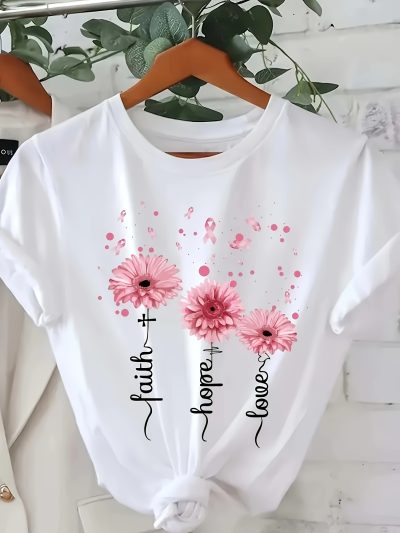 1pc Women's Elegant Casual Short Sleeve T-Shirt - Geometric Daisy Print with Inspirational Words, Soft Knit Round Neck Top, Machine Washable Regular Fit for Casual Attire, Allseason Fashion | Comfortable Tee