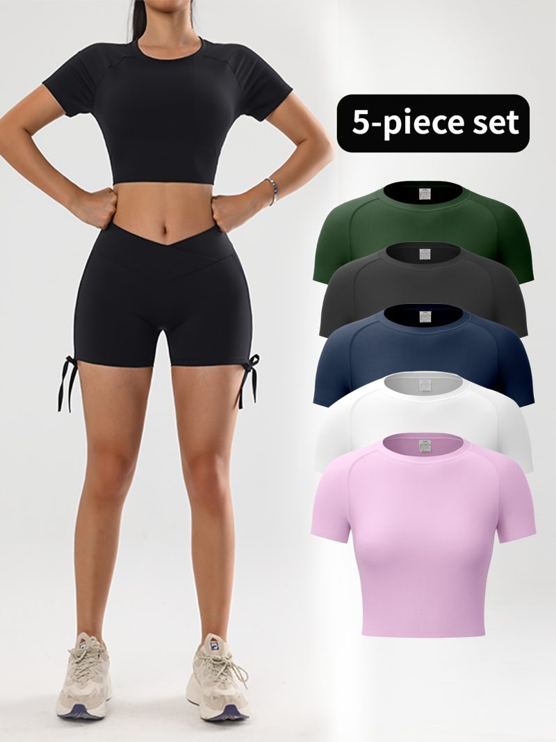 5pcs Solid Color Quick Drying Sports Crop Top - Image 6