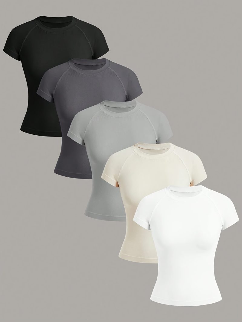 5pcs Women Neck Short Sleeve Seamless T-Shirt - Image 3