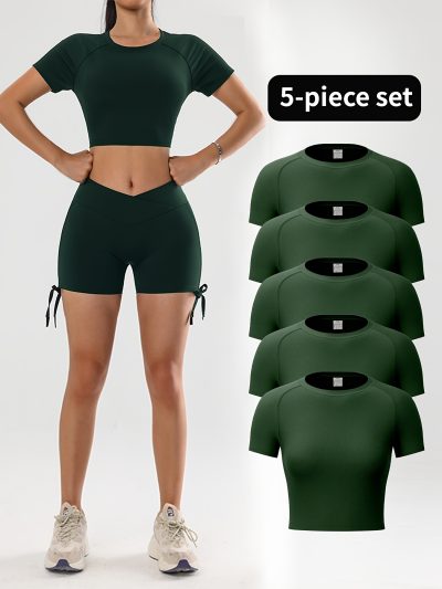 5pcs Solid Color Quick Drying Sports Crop Top