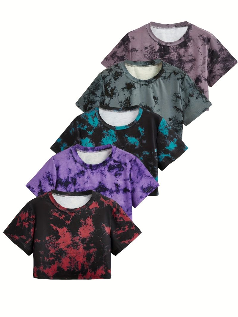 Women's Tie-Dye Short Loose Fit Casual Sport T-Shirt 5pcs Set - Image 4