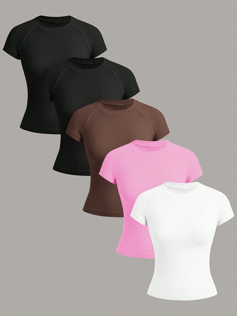 5pcs Women Neck Short Sleeve Seamless T-Shirt - Image 2