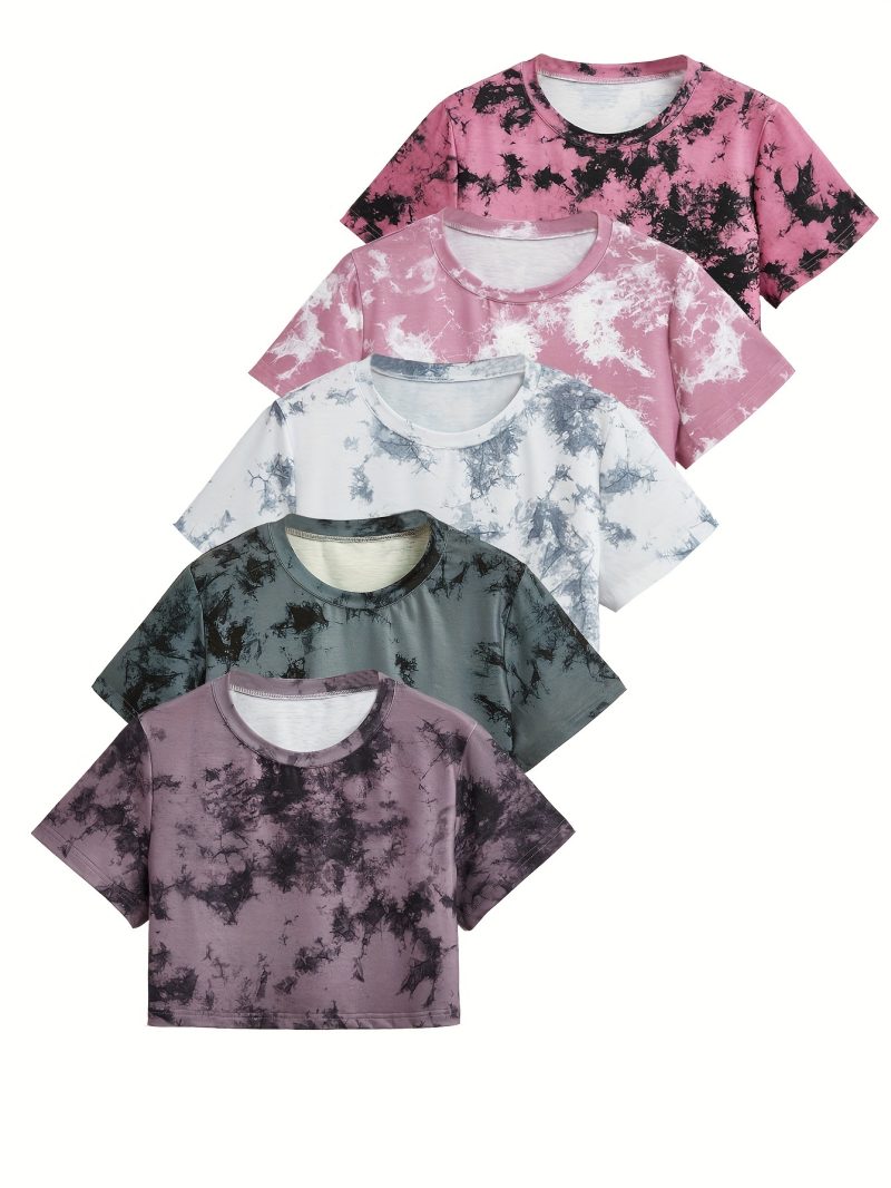 Women's Tie-Dye Short Loose Fit Casual Sport T-Shirt 5pcs Set - Image 2