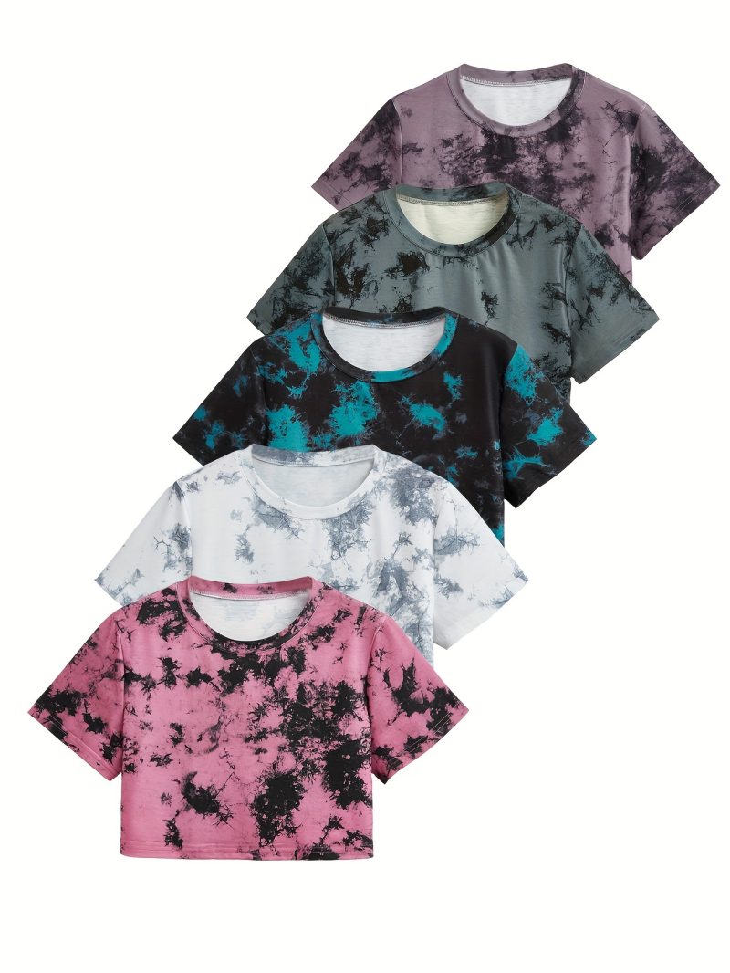Women's Tie-Dye Short Loose Fit Casual Sport T-Shirt 5pcs Set - Image 3