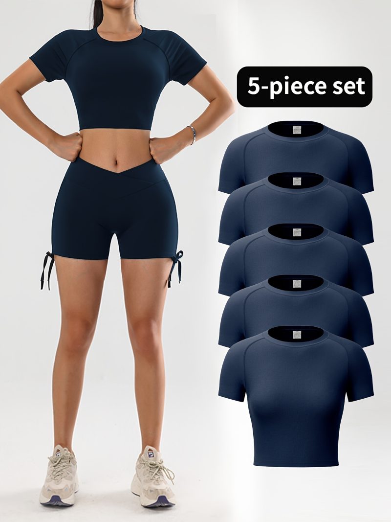 5pcs Solid Color Quick Drying Sports Crop Top - Image 2