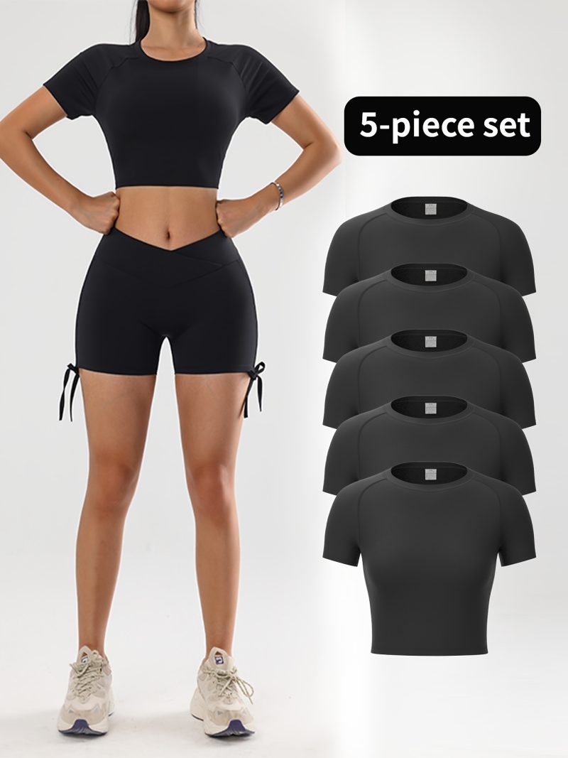 5pcs Solid Color Quick Drying Sports Crop Top - Image 5