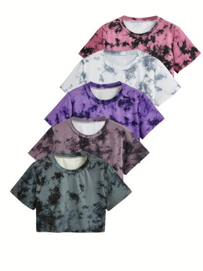 Women's Tie-Dye Short Loose Fit Casual Sport T-Shirt 5pcs Set