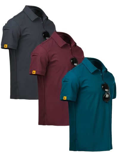 3pcs Casual Short Sleeve Button-Up Tee with Pockets