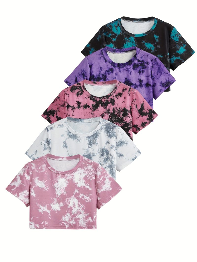 Women's Tie-Dye Short Loose Fit Casual Sport T-Shirt 5pcs Set - Image 5
