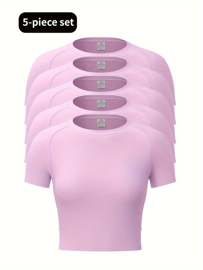 5pcs Solid Color Quick Drying Sports Crop Top - Image 3