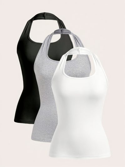 3pcs Casual Simple Halter Neck Tank Top Set