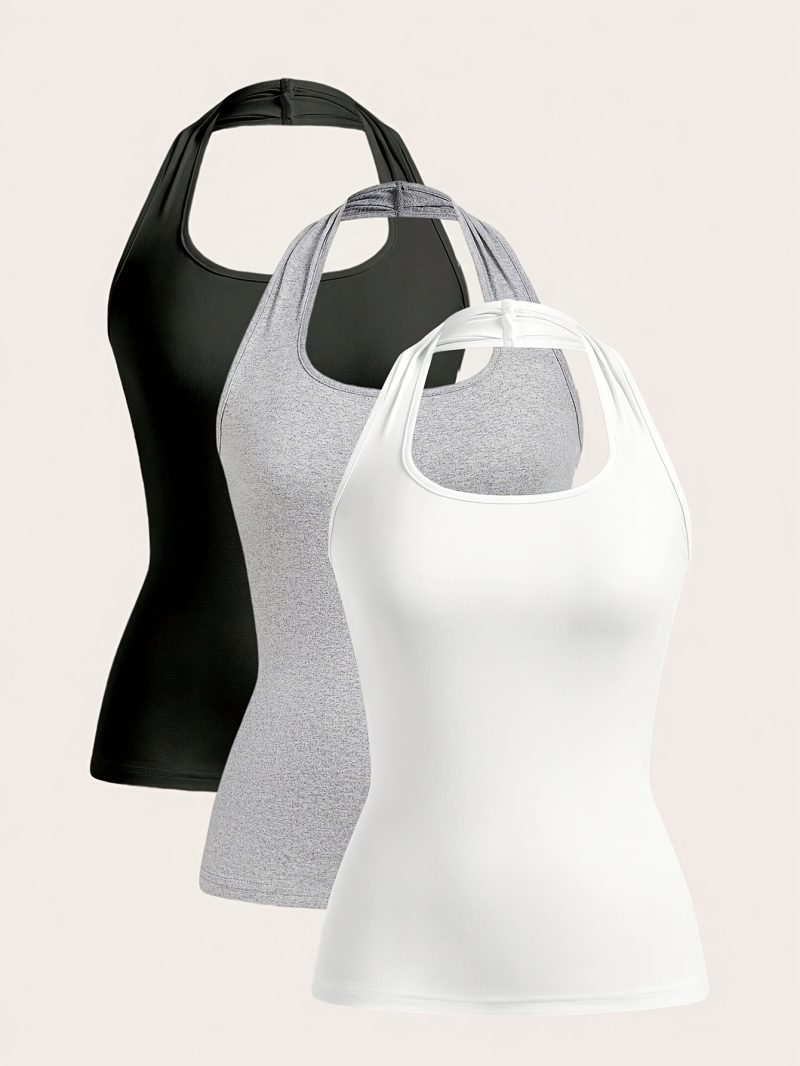 3pcs Casual Simple Halter Neck Tank Top Set