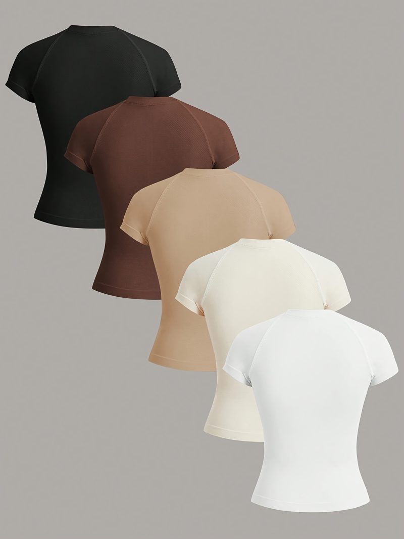 5pcs Women Neck Short Sleeve Seamless T-Shirt - Image 4