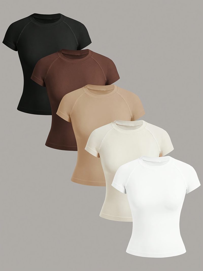 5pcs Women Neck Short Sleeve Seamless T-Shirt