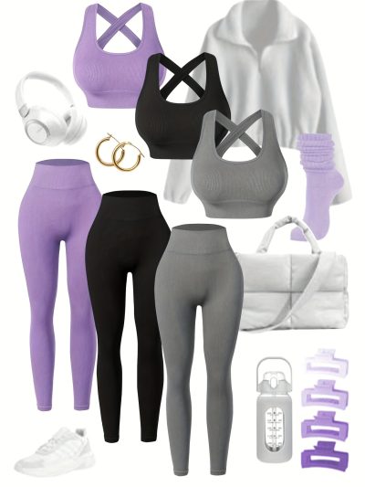 3pack, Women's High-Waisted Yoga Leggings Set With Built-In Bra
