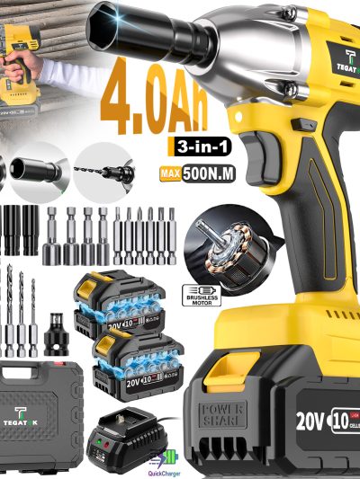 20V Cordless Impact Wrench, Brushless High-speed Truck Repair Power Tool, Multi-function Electric Screwdriver, Equipped with Battery and Fast Charger, Suitable for DIY/ Home Decoration/ Auto and Motorcycle Repair, Durable Structure